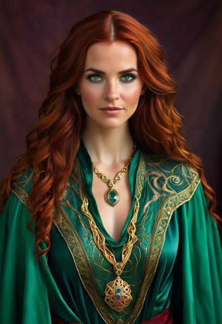 Stunning, detailed fantasy portrait of an young and beautiful sorceress. She has deep brown eyes and red hair that falls in loose waves over her shoulders. Her attire consists of a richly embroidered cape in shades of emerald green and gold, complemented by a green silk tunic underneath. She sports a shiny gold blue sapphire necklace. Her facial expression is a mix of wisdom and determination, with a discreet smile.
