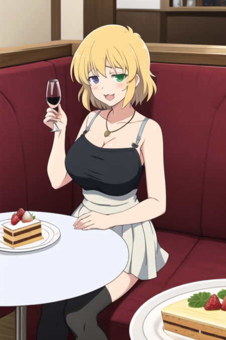 masterpiece, best quality, <lora:ryouna-10:1>, 1girl, ryouna \(senran kagura\), senran kagura, short hair, blonde hair, blue eyes, green eyes, heterochromia, collarbone, breasts, large breasts, huge breasts, looking at viewer, facing to the side, worried, happy, :3, smile, open mouth, necklace, bare shoulders, black shirt, sleeveless, cup, wine glass, wine, red wine, food, cake, cake slice, strawberry shortcake, plate, on plate, sitting, pov, dated, solo, solo focus, indoors, cafe, on couch, sideways glance, skirt, white skirt, pleated skirt, thighhighs, black thighhighs, thick thighs, table, dating, feet out of frame,