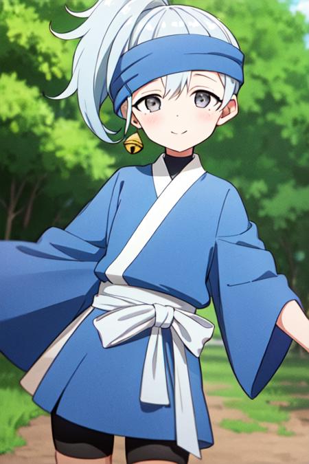 masterpiece, best quality, <lora:kunoichi_kikyou:0.7> 1girl, solo, grey eyes, grey hair, ponytail, blue headband, single jingle bell, kimono, one long sleeve, wide sleeve, bike shorts, looking at viewer, cowboy shot, light smile, short hair,