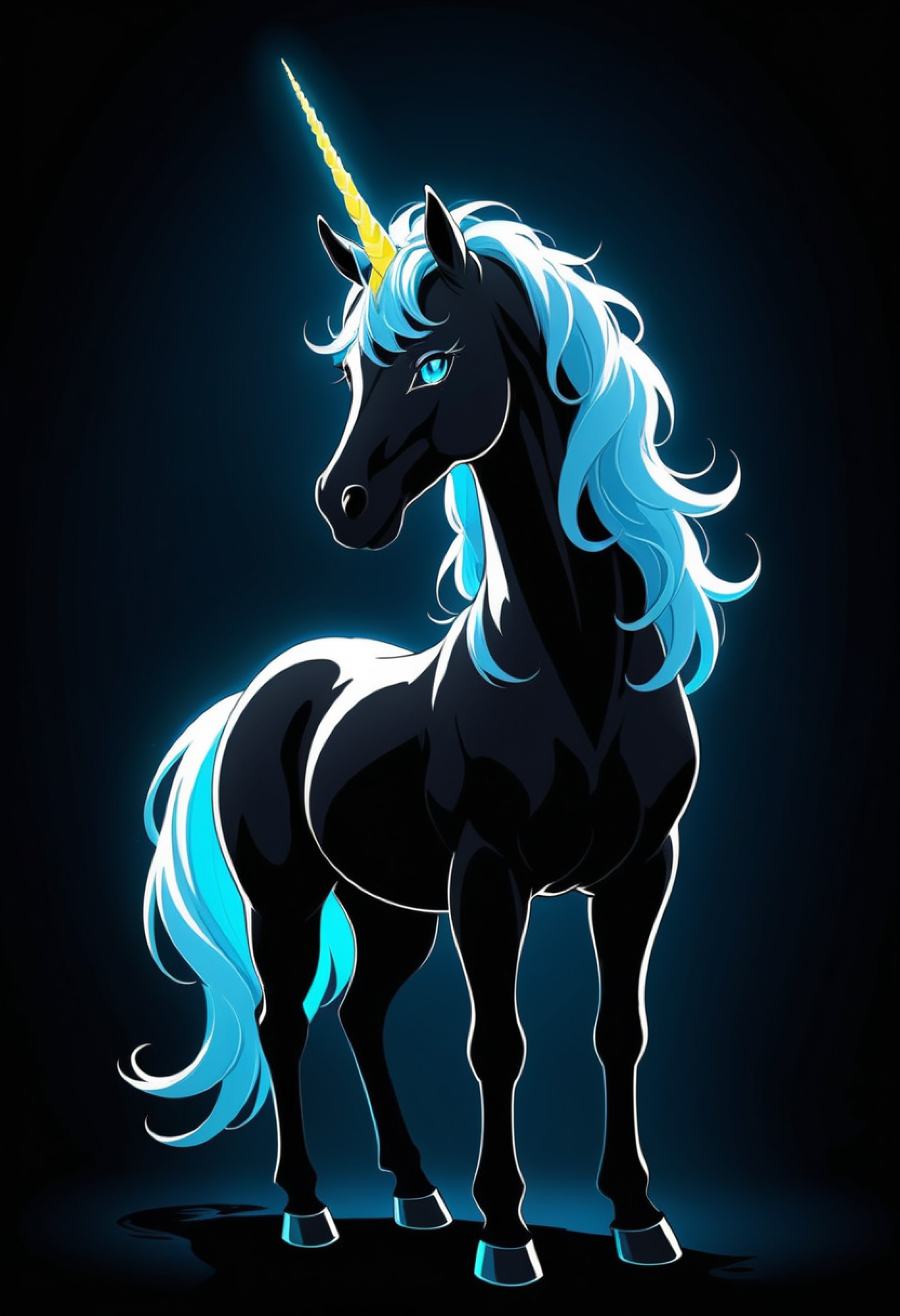 a white unicorn with a neon glowing horn in the anime style of neon silhouette contrast, dark, black and color, animestyle...