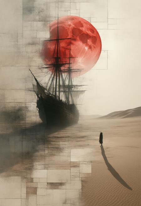 A haunting and surreal depiction of a giant ship shadow falling across a dusty white desert, illuminated by a vibrant red moon, rendered in a fractured, stained-glass Cubist style. The scene shatters into geometric shards, revealing fragmented perspectives of the colossal ship's silhouette, the rippling sands of the desert, and the stark contrast between the crimson moon and the pale landscape, all bathed in an ethereal glow. The palette utilizes deep crimson red for the moon, sandy beige and white for the desert, stark black outlining the ship's shadow, and subtle hints of electric blue to enhance the sense of otherworldly mystery. Photorealistic details of the ship's intricate design, the texture of the desert sand, and the weathered features of a lone Bedouin figure observing the scene harmonize with the fragmented composition, creating a powerfully symbolic portrait of isolation, wonder, and the passage of time. Ultra detailed, 8k resolution, volumetric lighting, octane render, emphasizing the interplay of light and shadow and evoking a feeling of profound solitude and timeless beauty.