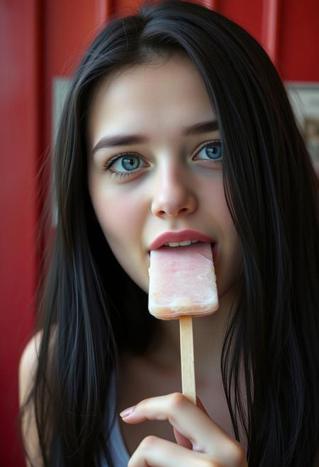 score_9, score_8_up,1 woman, cute, solo, 18 years old,     black hair, blue eyes,     popsicle   mouth open, pleasure,  full lips, , focus on mouth, relaxed, total pleasure from eating a  popsicle,
, very detailed, detailed eyes,  high detailed texture, realistic, photorealistic, perfect eyes, real life realistic, ExpressiveH, Cinematic Film,