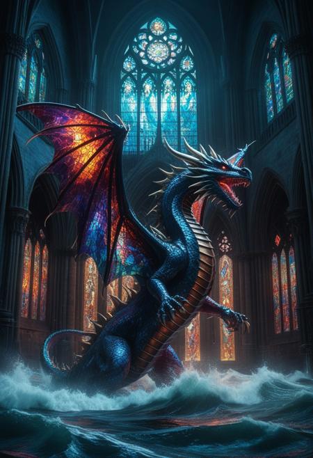 A colossal dragon made of shimmering stained glass, coiled around an ancient gothic cathedral floating above stormy seas, lightning illuminating the translucent scales a rich deep colors, dynamic ambient light, intricate architecture, ethereal atmosphere, 8k resolution, elegant and complex