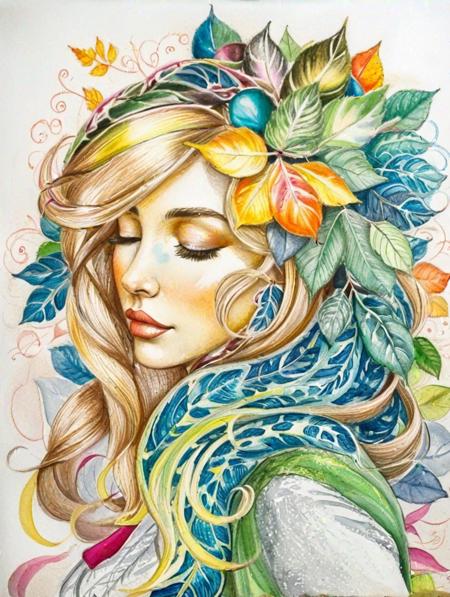 illustration of a beautiful blond woman with leaves on the hair, closed eyes, peaceful, detailed, high quality, pencil drawing, children's drawing, strokes, 