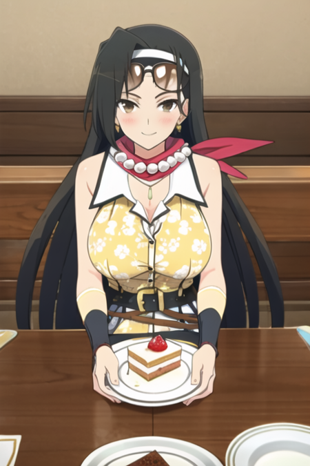 masterpiece, best quality, <lora:jasmine-10:1>, 1girl, jasmine \(senran kagura\), senran kagura, black hair, long hair, brown eyes, blush, headband, sunglasses, eyewear on head, scarf, red scarf, necklace, pearl necklace, earrings, jewelry, shirt, collared shirt, sleeveless, sleeveless shirt, yellow shirt, floral print, bare shoulders, collarbone, cleavage, breasts, large breasts, huge breasts, leather belt, wristband, arm guard, solo, solo focus, looking at viewer, facing viewer, pov, happy, smile, indoors, cafe, sitting, on couch, simple background, cowboy shot, dated, dating, food, cake, cake slice, chocolate cake, plate, on plate, holding plate, (table:1.5),