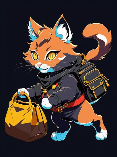 graphical anime portrait of A mischievous cat-eared rogue, stealthy and agile:1.5, in a playful pose:1.5, with a sly grin:1.5, clad in form-fitting leather:1.5, and carrying a bag of stolen treasures:1.5., Flashing lights , <lora:Fusion_Graphic_SDXL:1>