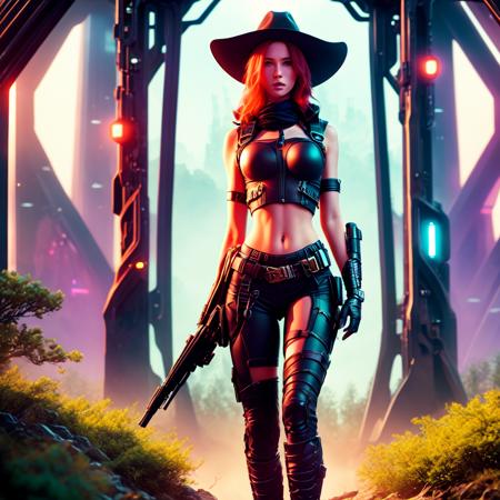 an attractive woman [gunslinger:bounty hunter:0.4] standing in a scifi wilderness (neontreehouse style:1) <lora:djzNeonTreehouse_LB2:0.8>