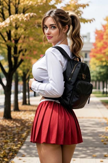 cinematic photograph of a cute college blonde, heavy eyelids, face details, skin texture, intricate details, walking through campus in the fall, loose open white  shirt, very thin waist, hourglass, miniskirt, strong thighs, toned body, lip filler, backpack,, sharp focus, pretty eyes, looking at viewer, oxford, fall leaves, wavy hair, ponytail, very long hair, big hoop earring, gigantic breasts, hanging breasts, busty, CLOTHING_BibleBlack_SchoolDress_ownwaifu
