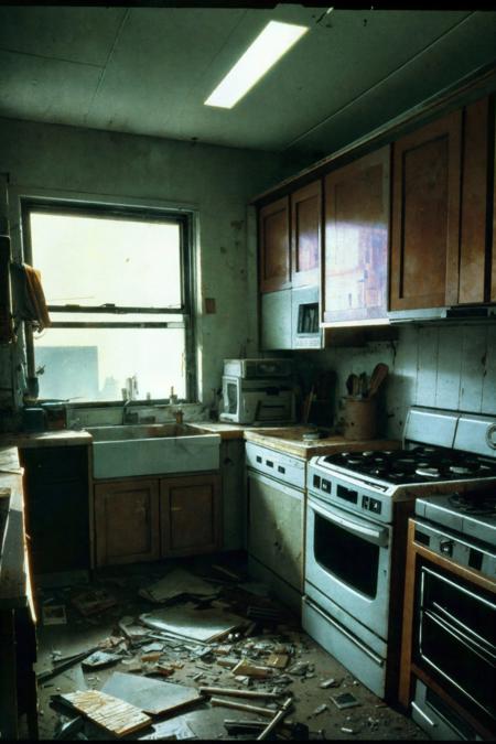 90's found footage vhs, dvd scanlines, film grain, film noise, realistic, cinematic, abandoned kitchen, volumetric lighting, dusty, clutter and mess, soft lighting, hazy,