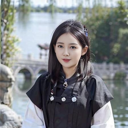 (4k, best quality, masterpiece:1.2), (realistic, photo-realistic:1.2),1girl,(lizishule), <lora:lizishule:1>,hanfu,black dress,<lora:hanfu_v30:0.5>,detailed face,smile