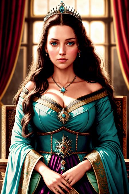 (EvelynNobodySD15:0.8) medieval portrait fantasy princess glorious elaborate royal robes tiara gems luxurious stone castle Game of Thrones Hogwarts (masterpiece) (best quality) (detailed) (8k) (HDR) (wallpaper) (cinematic lighting) (sharp focus) (intricate) (Style-Renaissance:0.7) (Style-Glorious:0.4)