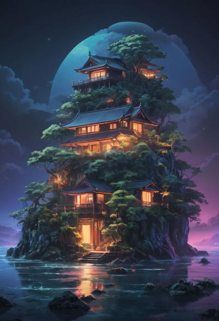 Isolated tiny island at the middle of the ocean with an extremely luxurious villa surrounding a creepy jungle at night, <lora:3D_Framed_Wall_Art_-_By_DICE:0.7>, (Framed 3D, House), UHD, Synthwave art style, retro-futuristic aesthetic, vibrant neon colors, nostalgic 80s imagery, futuristic landscapes, nostalgic and atmospheric, Japanese traditional art style, delicate lines, subtle colors, intricate details, dynamic compositions, cultural heritage, adds elegance and sophistication