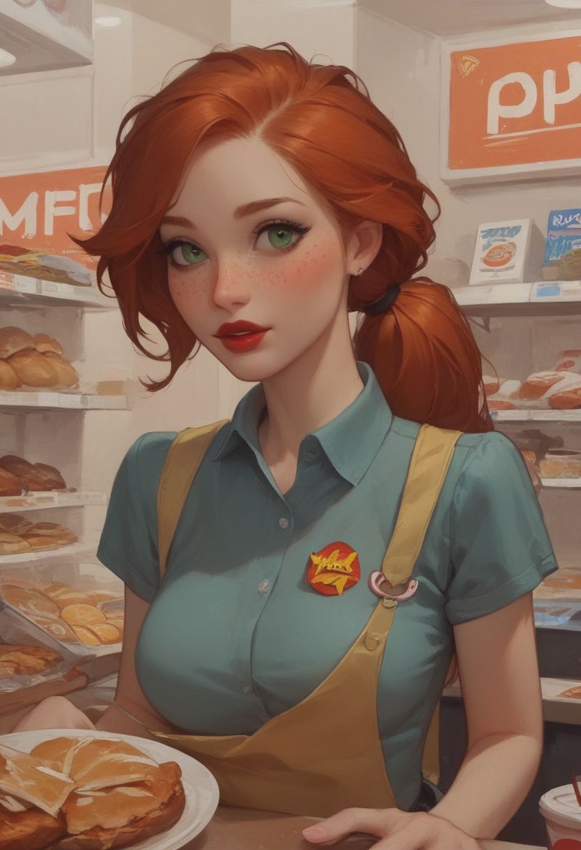 score_9, score_8_up, score_7_up, Expressiveh, single a sexy redhead hair green eyes girl, fast food uniform,  bright red lipstick, big perfect breasts, perfect face, long and hourglass body, long legs, detailed eyes, semi realistic, freckles, medium ponytail hairstyle, standing, fast food shop, upper body
