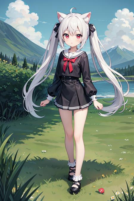 (((masterpiece))), best quality, illustration, 1girl with light white long hair, beautiful detailed red eyes, light white long straight hair, (cute), (petite), slim, solo, solo focus, standing, full body, cat ears, twintails, mini skirt, sky, grass, mountains