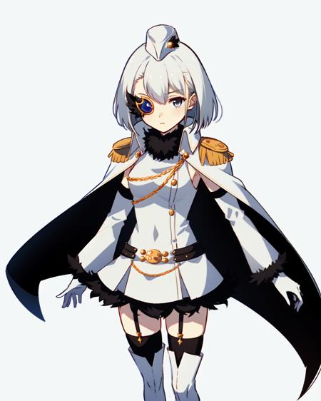 masterpiece, high quality, mgrcnagitan, 1girl, solo, white hair, grey eyes, golden monocle on right eye, one eye covered, white sleeveless dress with fur edgings, white cloak with high collar, white long sleeves with fur edgings, golden epolets, black belt with golden buckle, white garrison cap, white gloves, zettai ryouiki, black thighhighs, white legwear, <lora:mgrcnagitan-000006:0.8>