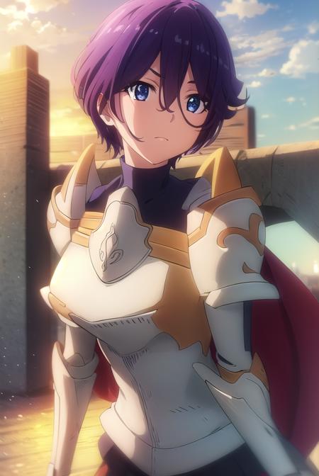 beefeaterecaty, <lora:beefeater e caty s2-lora-nochekaiser:1>,
beefeater e caty, short hair, purple hair, blue eyes, hair between eyes,
BREAK skirt, gloves, cape, armor, shoulder armor, gauntlets,
BREAK outdoors, forest, nature, sun, sky, clouds, trees, grass,
BREAK looking at viewer, (cowboy shot:1.5),
BREAK <lyco:GoodHands-beta2:1>, (masterpiece:1.2), best quality, high resolution, unity 8k wallpaper, (illustration:0.8), (beautiful detailed eyes:1.6), extremely detailed face, perfect lighting, extremely detailed CG, (perfect hands, perfect anatomy),