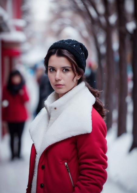 front view portrait of (zxzxberen) in winter red flufy jacket,white sweater at snowy street,red hat <lora:beren-000007:0.91>,, Photorealistic, Hyperrealistic, Hyperdetailed, analog style, hip cocked, demure, low cut, black lace, detailed skin, matte skin, soft lighting, subsurface scattering, realistic, heavy shadow, masterpiece, best quality, ultra realistic, 8k, golden ratio, Intricate, High Detail, film photography, soft focus