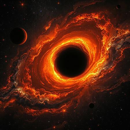 Ultra-realistic, masterpiece,amazing quality, black hole with orange light, black hole is sucking in any light around it, the vast space of the universe with dozens of suns, nebulas and a supermassive black hole in its center, brilliant shining stars around it, a mesmerizing picture, 
engaging, compelling composition,