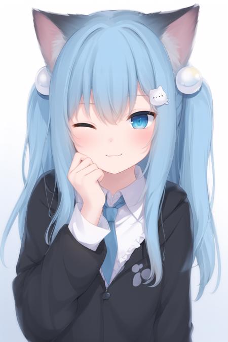 nachonekos, 1girl, one eye closed, animal ears, blue eyes, long hair, blue hair, long sleeves, bangs, cat ears, heart, closed mouth, upper body, solo focus, hair ornament, sleeves past wrists, blush, white background, collared shirt, simple background, shirt, looking at viewer, hand on another's face, jacket, hand on another's cheek, black jacket, smile, one side up, hair between eyes, gradient, ;3, gradient background, blue background