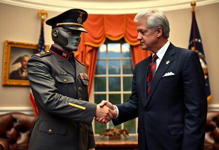 classic cobra commander in an immaculate military dress uniform posing for photo shaking hands with president clinton of the united states in sharp suit inside the oval office, real photograph, infusion of gi joe and ww2 german style, photorealistic, correct hands, correct fingers, presidential seal, vote button, campaign photo, election, elegant scene, cobra insignia