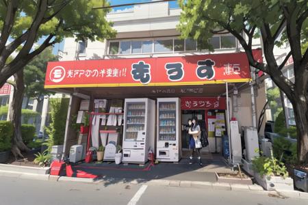 best quality, ultra-detailed, illustration,
1girl, solo, glasses, black hair, long hair, field jacket, jeans, black bag, smile, laughing, looking at viewer,
moccos, scenery, storefront, japan, vending machine, scenery, outdoors, tree, building, shop, sign
<lora:moccosu_SD15_V1_DIM4:0.8>