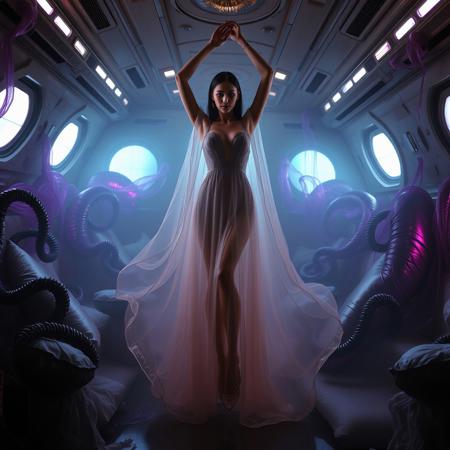 A poised and elegant slender lady, hanged by arms rom celling, arms up . draped in a mesmerizing, floor-length, transparent liquid slime gown, its full skirt resembling a giant, undulating jellyfish, its translucent bell-shaped form glistening with an ethereal sheen, complete with crystal-encrusted high heels that refract and reflect the dim, eerie light, and a flowing transparent slime cloak that seems to shift and writhe like a living entity, is situated within a dimly lit, spaceship boudoir cabin, surrounded by twisted, metallic purple pillows that seem to writhe and twist like alien appendages, as a creeping, eerie fog seeps from the floor, casting an otherworldly gloom, and horror, as if the very space itself is alive, and watching, with aliens lurking just out of sight, behind the slime-encrusted curtains that seem to pulse and throb like a malevolent heart, the entire scene captured in a stunning, cinematic film still, shot on a vintage v-raptor XL camera, with a distinctive film grain, a subtle vignette that draws the eye to the lady, and a rich, cinematic color grade that evokes the sense of a 35mm film masterpiece, post-processed to perfection, with dramatic, atmospheric lighting that casts long, ominous shadows, and an epic, stunning quality that's simply breathtaking, reminiscent of the works of H.R. Giger, Zdzisław Beksinski, and Ash Thorp.