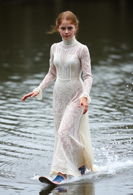 a Gibson girl wearing a white lace  high necked Edwardian gown water skiing