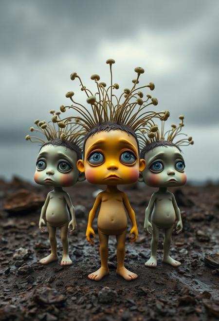 Three whimsical, childlike figures with exaggerated features stand in a surreal outdoor setting under a gloomy, rainy sky. Each figure has oversized heads with big, watery eyes that convey a sense of curiosity or sadness. The central figure has a bright yellow face with plant-like hair sprouting upward, while the others display pale and greenish skin tones with similarly quirky hair. They are barefoot and wear minimal clothing, standing amidst rocky, muddy terrain that matches the overcast mood. The muted, earthy background emphasizes their vivid, otherworldly appearance, blending a sense of playfulness with melancholic undertones.