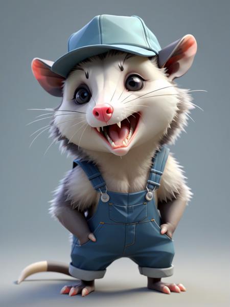 low-poly style  <lora:Opossum-possum-000002:1> short round, disheveled,  opossum, possum, long nose and overalls  stained trucker hat . low-poly game art, polygon mesh, jagged, blocky, wireframe edges, centered composition