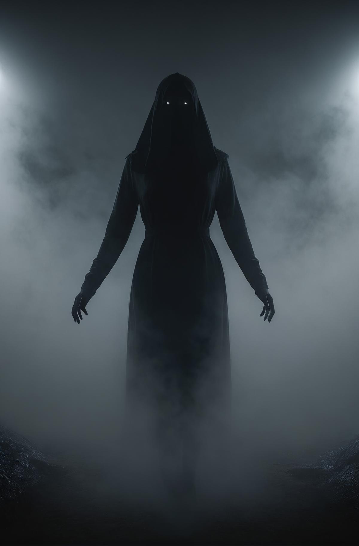 A silhouette of a woman with glowing eyes, wearing a black dress, standing in a foggy environment.