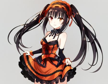 tokisaki kurumi, 1girl, arm warmers, bare shoulders, black hair, bow, breasts, cleavage, collarbone, cowboy shot, dress, eyebrows, frilled dress, frills, hair ribbon, hairband, heterochromia, long hair, looking at viewer, orange eyes, parted lips, red bow, red eyes, red ribbon, ribbon, simple background, skirt hold, sleeveless, sleeveless dress, smug, solo, standing, twintails, white background, <lora:Char - Tokisaki_Kurumi - Own:1>