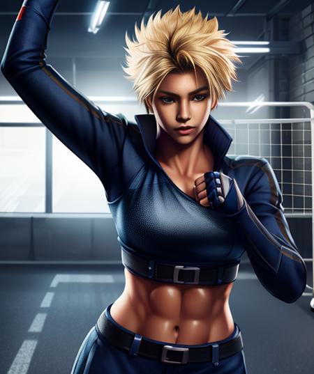 Shina,spiked blonde hair,muscular,abs ,blue eyes, tanned skin,  standing,serious expression,  close up, closed fists, 
ShiGea,red crop top,fingerless gloves ,cropped long sleeved jacket,belt,boots, dark blue attire,cleavage,
steel cage arena, lights, moonlight, 
(insanely detailed, beautiful detailed face, masterpiece, best quality) detailed eyes,  cinematic lighting,   <lora:Shina:0.8>