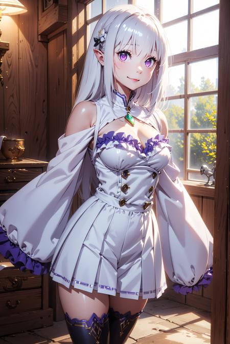 emiliadef,  purple eyes,white hair,hair flower, white flower, skirt, thighhighs, long sleeves, dress,bare shoulders, pleated skirt, frills, detached sleeves, miniskirt, wide sleeves, white dress, white thighhighs,  clothing cutout, frilled sleeves,