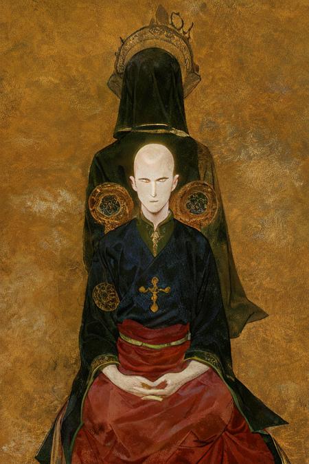 mysterious, fantasy, 1 monk wearing a giant rosary on his chest, beautiful eyes, bald head, sitting in meditation,halo in the back, abstract background<lora:OIL:0.9>