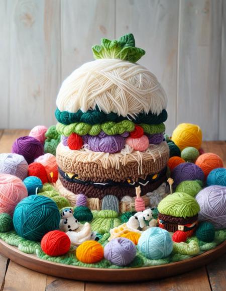 A giant yarn hamburger made of yarn, with detailed stitching for the lettuce, cheese, and patty, sitting on a yarn plate yrnwrld <lora:Yarnworld:1>
