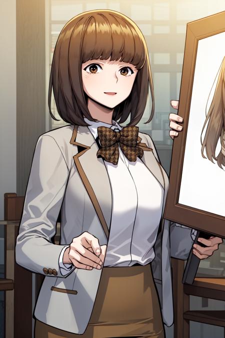 masterpiece, best quality, absurdres, perfect anatomy, beautiful background, beautiful face, beautiful eyes, beautiful body, upper body, yu dayun, 1girl, happy, short hair, skirt, brown hair, shirt, long sleeves, bow, brown eyes, school uniform, jacket, white shirt, collared shirt, blunt bangs, bowtie, blazer, pencil skirt, brown skirt, plaid bow, brown bowtie, Pretending to hold a large picture frame,  <lora:Yu_Dayun:0.85>