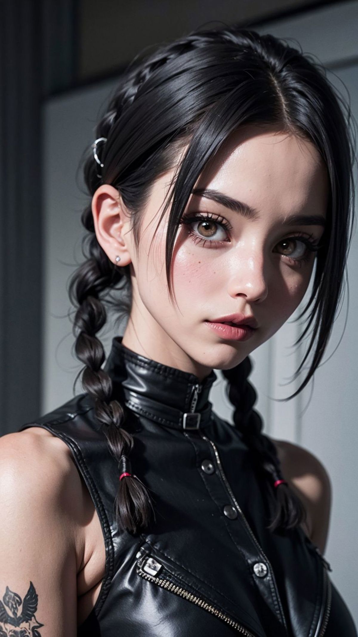 A young girl with black hair, wearing a black leather shirt and pigtails.