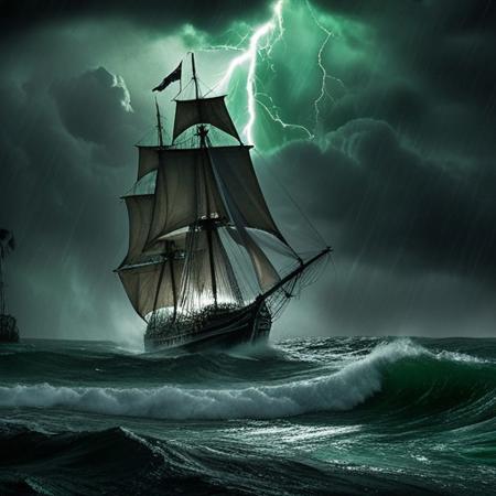 Dramatic, majestic, sailboat, galleon, sailboats on the open sea, sailboats one in front (foreground) and one in the distance, (distant ship), full sail, storm, rough sea, breaking waves, emerald green wave, sea tilt, at 30°, dark clouds, lightning, ((lightning)):1.3 foggy, dark atmosphere, threatening, cinematic lighting, volumetric lighting, slightly blue lighting, divine rays, highly detailed, realistic, photorealistic, fantasy art, digital painting, illustration, another ship in the background,