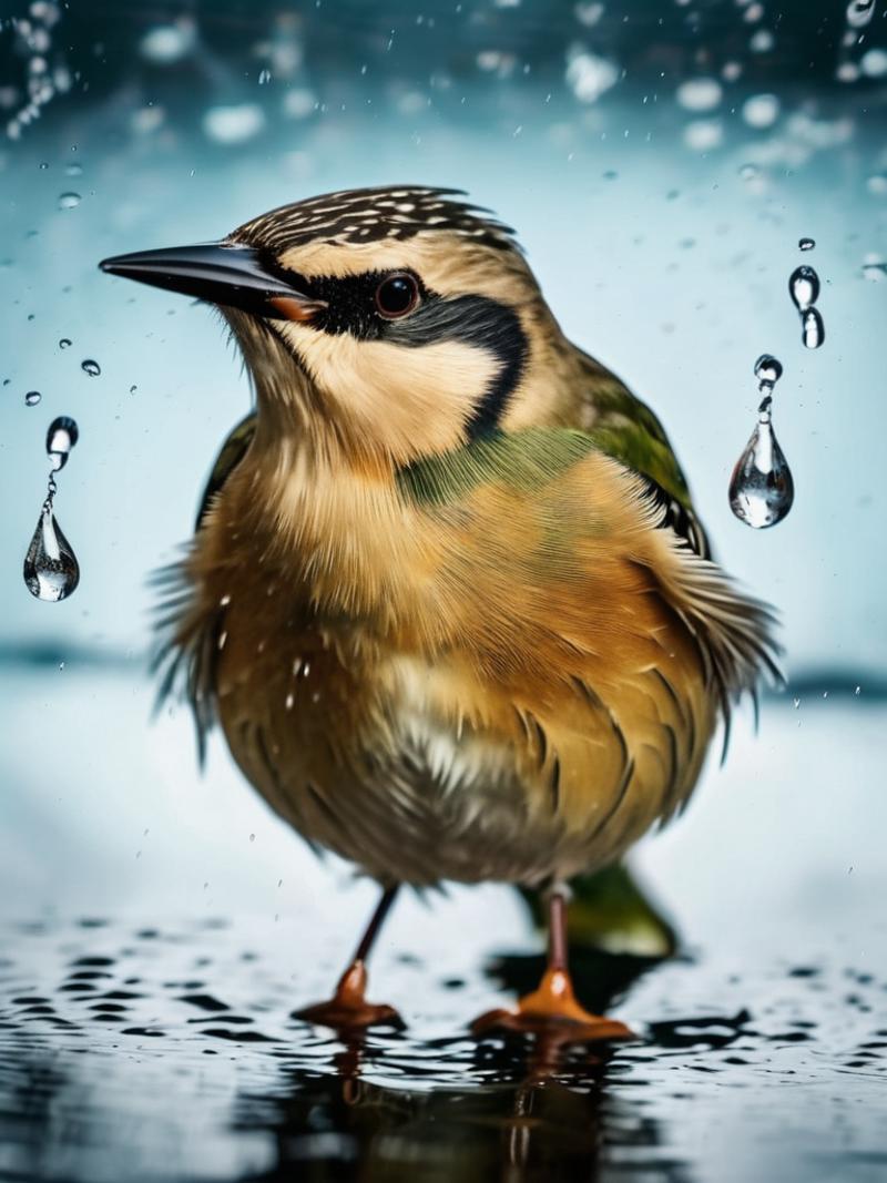 Bird standing on the ground with rain drops falling from above.