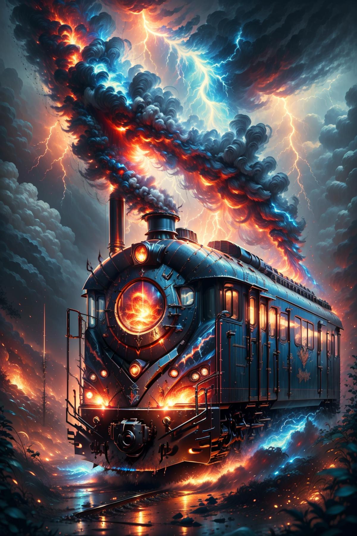 Intense Steampunk Train Scene with Explosion and Lightning Bolts