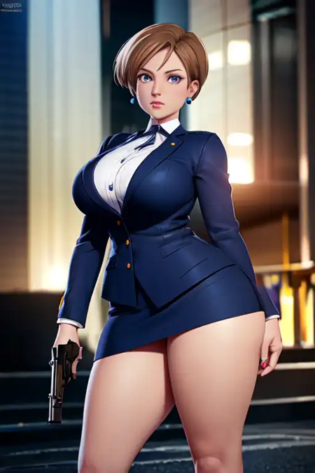 Agent Topaz, short sandy brown hair, blue earrings, dark blue government uniform, holding gun