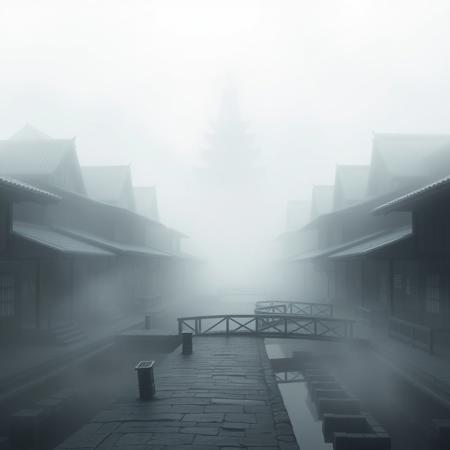 A liminal space in Kirigakure, the Hidden Mist Village, exactly as seen in Naruto. Thick fog blankets the village, obscuring the towering buildings with their curved, sloping rooftops. The stone-paved streets wind through the mist, lined with wooden bridges and canals that reflect the dim, diffused light. The iconic Mizukage’s tower looms in the background, its silhouette barely visible through the haze.
The village is completely empty—no shinobi, no villagers, only the sound of water gently lapping against the docks. The mist swirls in the silence, creating the unsettling feeling that something should be here, but isn’t. The air is heavy with moisture, the atmosphere both serene and eerie. Kirigakure feels suspended in time, as if the village exists between the past and the present, waiting for someone to return.