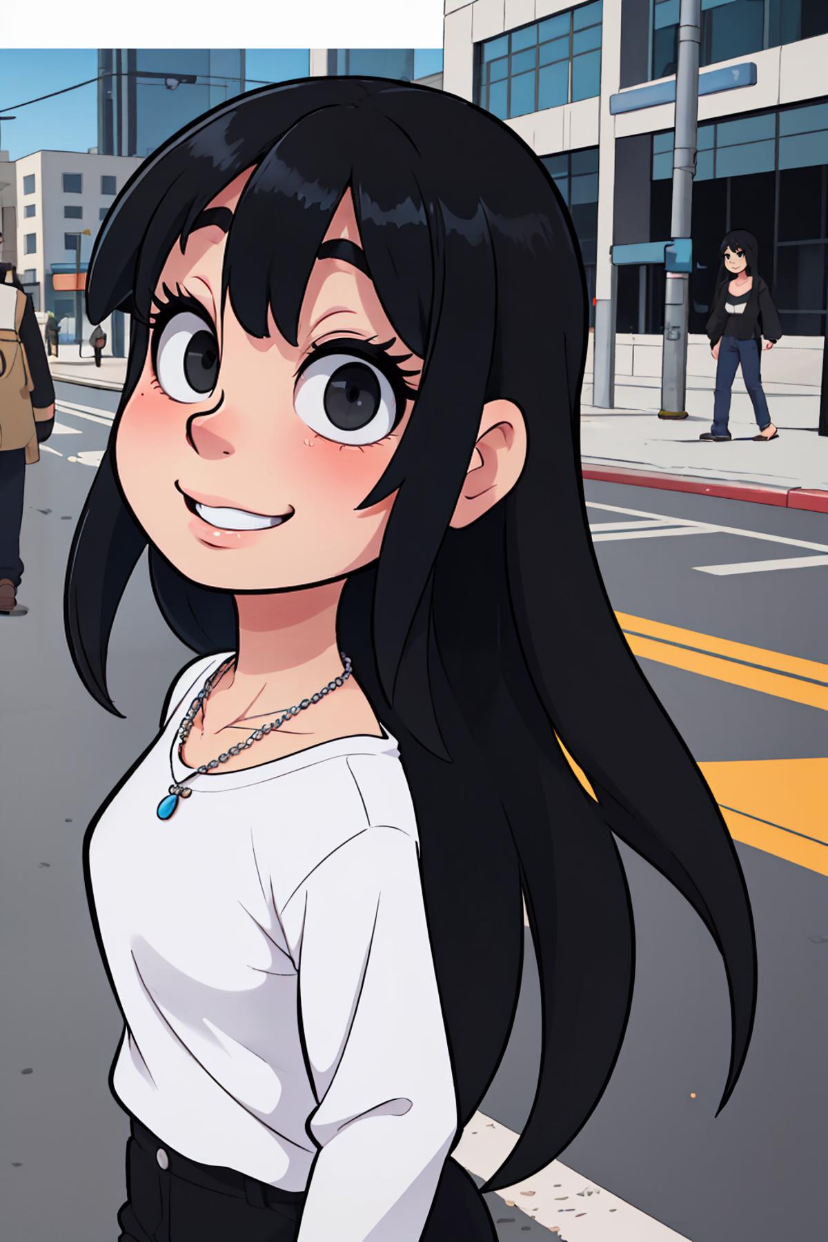 A smiling girl with long black hair and a white shirt.