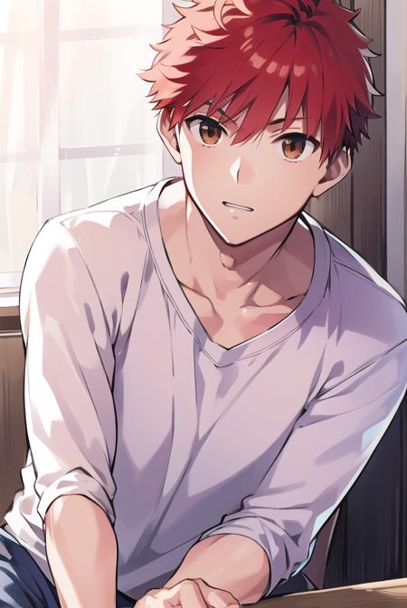 shirouemiya, <lora:shirouemiyatest:1>, 
shirou emiya, 1boy, (red hair:1.5), spiked hair, (brown eyes:1.5), mature male,
BREAK blue pants, collarbone, pants, shirt, long sleeves, white shirt, raglan sleeves,
BREAK looking at viewer,
BREAK indoors, classroom,
BREAK <lora:GoodHands-vanilla:1>, (masterpiece:1.2), best quality, high resolution, unity 8k wallpaper, (illustration:0.8), (beautiful detailed eyes:1.6), extremely detailed face, perfect lighting, extremely detailed CG, (perfect hands, perfect anatomy),