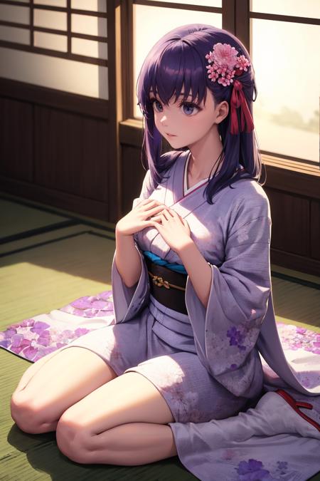 masterpiece, best quality, absurdres, SakuraMatou, long hair, hair ribbon, indoors, kimono, hair flower, floral print, wariza, sitting, hands on own knees, <lora:SakuraMatouV2:1>