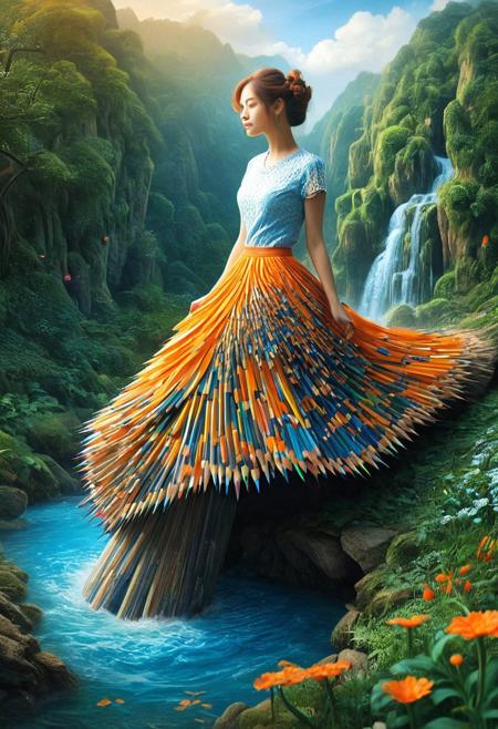 realistic photography of a beautiful Lady her skirt is made of pencil, magical fairytale landscape, elaborate fantasy style art, white and orange theme, intricate details, ultra sharp, exquisite detail, flawless composition, vivid colors, masterpiece, exciting background , four legs,<lora:Pencil_morph_style:1>, shuidi