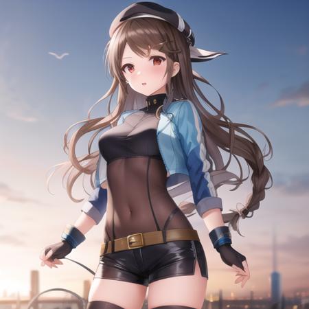 (masterpiece, best quality:1.2),illustration,8k,hd,1girl,solo,city,upper body,(portrait:1.2),kimberly (azur lane),standing,bangs,belt,brown hair,red eyes,fringe,thighhighs,black bodysuit,long hair,blue footwear,blue gloves,blue hat,blue jacket,blush,bodysuit,braid,buckle,covered navel,cropped jacket,cropped vest,beret,cross-laced footwear,fingerless gloves,hair ornament,hairclip,high heel boots,high heels,jacket,knee boots,lace-up boots,long sleeves,multicolored hair,open clothes,open jacket,parted bangs,partial bodysuit,short shorts,shorts,side braid,sidelocks,<lora:Kimberly(azur)>,