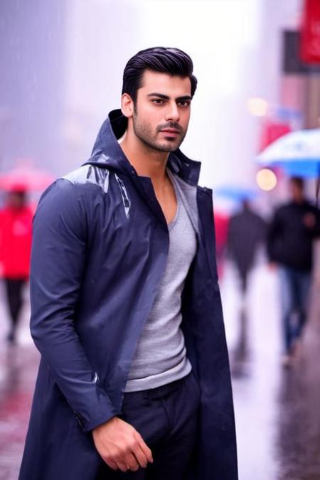 Jimmy Garoppolo a man <lora:Fawad-Khan_Jimmy-Garoppolo:0.8>, wearing a rain coat,  crop top, city street, bokeh, homoerotic, rainy day, 