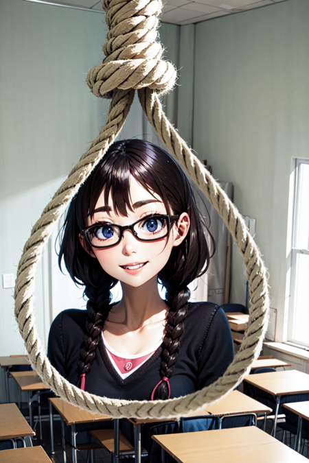 absurdres, highres, best quality, <lora:nooseportal:1> noose portal, <lora:177013:0.5> 177013, 1girl, twin braids, glasses, upper body, looking at viewer, classroom, smile,