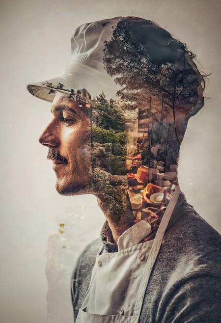 ,character design, double exposure shot, side profile of a handsome cook filled with food, happines,Use a Nikon Z6 II with a 50mm lens at f/2.8 for clarity and depth in the composition.